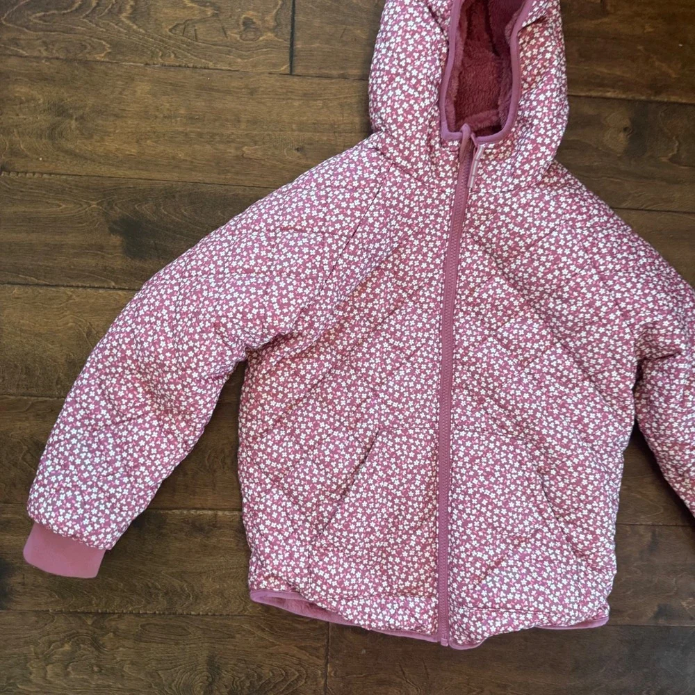 Cat & Jack Girls Pink Floral Quilted Puffer Jacket Faux Fur Lined Hooded L 10/12